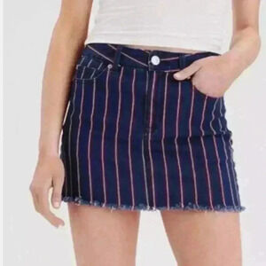 American Eagle || Denim Mini Skirt Red White & Blue Stripes Raw Edges Size 10